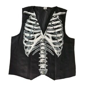 Spirit L/XL Men's Skeleton Vest Black Metal Skull Buttons Costume Fantasy NWOT